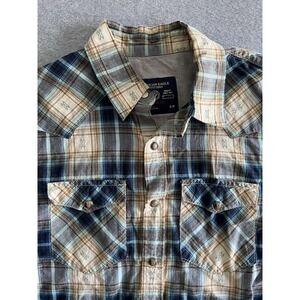 American Eagle Outfitters Mens S Pearl‎ Snap Front Shirt Blue White Tan Plaid SW
